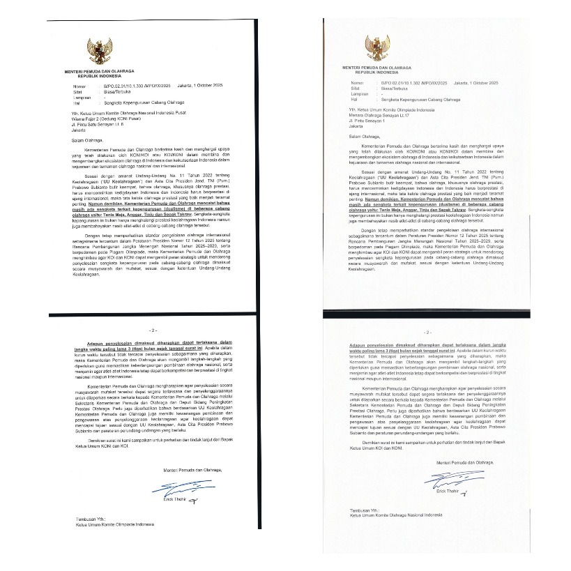 Ultimatum Menteri Pemuda dan Olahraga Republik Indonesia (Menpora RI) Erick Thohir, kepada empat cabang olahraga (cabor) yang terlibat dualisme kepengurusan untuk segera menyelesaikan sengketa, menjadi bukti ketegasan dan keseriusan dalam menangani konflik kepentingan yang melanda beberapa federasi cabor selama ini.(foto:dok/kemenpora.go.id)